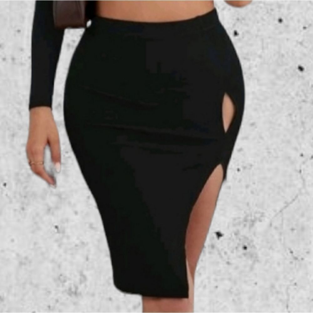Black Cut Out Form Fitting Side Slit Skirt S(4)